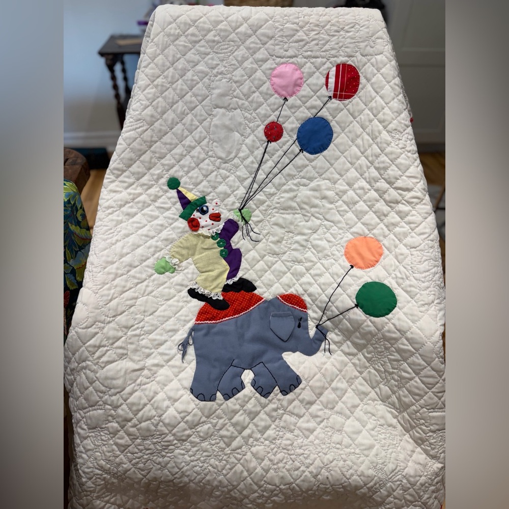 Vintage Mid-Century Circus Baby Quilt - 43" x 52" Hand-Quilted Clown & Elephant